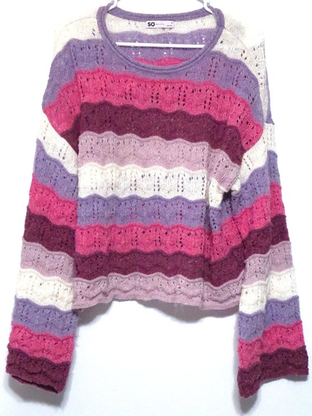 SO Women’s Striped Crochet Knit Sweater Small Pink Purple White Bell Sleeve
